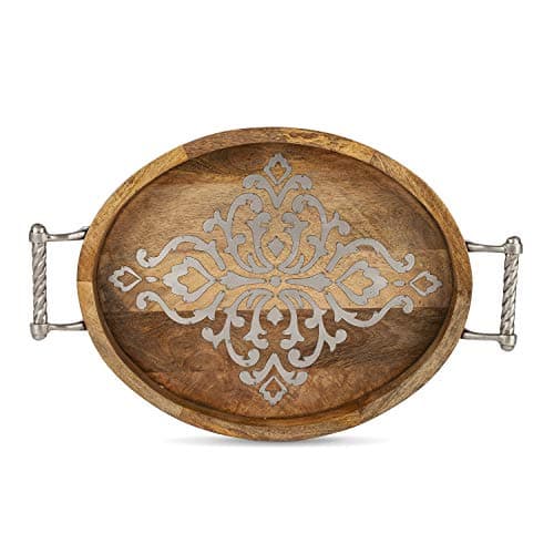 Image of Medium 20.75-Inch Long Wood and Metal Heritage Collection Oval Tray