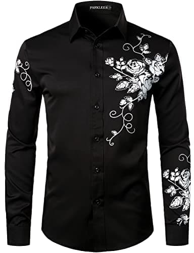 Image of PARKLEES Men's Hipster Rose Floral Print Design Slim Fit Long Sleeve Button Up Party Dress Shirt Black White L