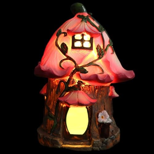 Image of JIEBWCHA Solar Lighted Fairy House, 11.5/13.5cm Cottage Resin Statue, Light Up Fairy House Outdoor Solar, Waterproof Ornaments, Garden Decorations, Indoor Outdoor, LED