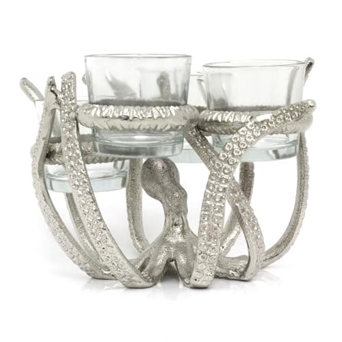 Image of Octopus Tealight Candle Holder | Nautical Octopus with 4 Glass Candle Holders | Silver Aluminium Tea Light Candelabra - 19x17cm