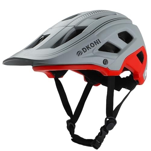 Image of DKONI MTB Mountain Bike Helmet for Youth and Adults, Unisex, Lightweight, Adjustable Fit 54-61cm, Removable Visor and Liners, 17 Large Air Vents (Gray Red)