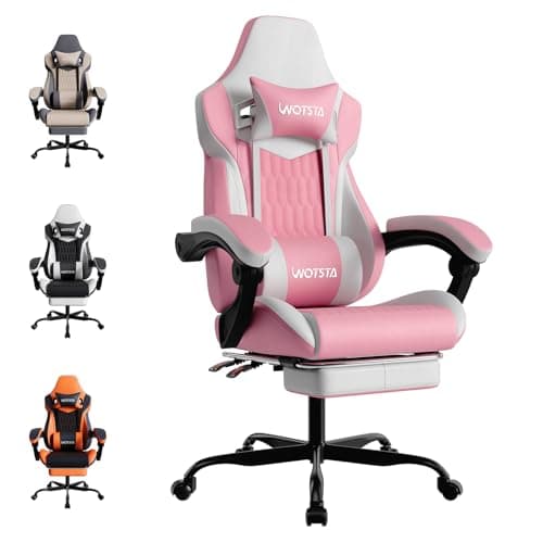Image of WOTSTA Gaming Chair, Ergonomic Gaming Chair with Footrest and Lumbar Support, Computer Chairs, Height Adjustable Computer Racing Gamer Chairs for Gaming or Office, Pink White