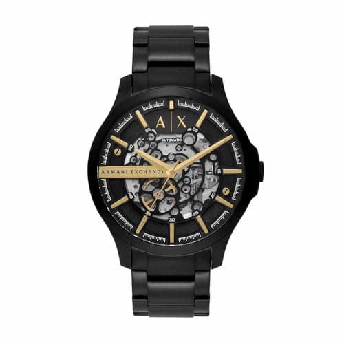 Image of Armani Exchange Watch for Men Automatic Movement and 46mm Case Size with Stainless Steel Leather or Silicone Strap, Dark Black