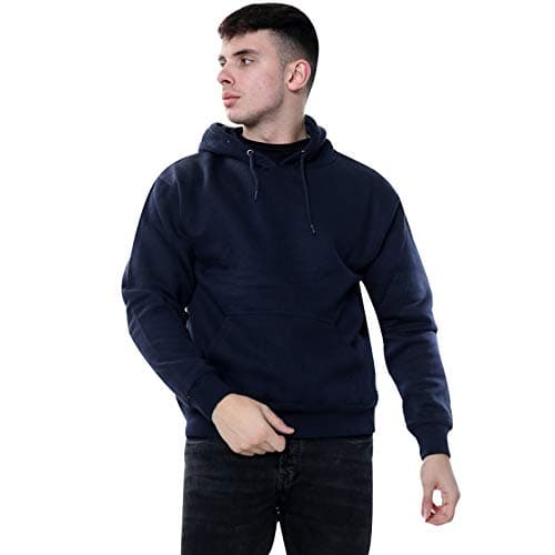 Image of True Face Mens Hoodie Pullover Classic Hooded Fleece Top Plain Ribbed Cuff Long Sleeve Sweatshirt Pull Over Jumper Hoody Top Navy - 320GSM M