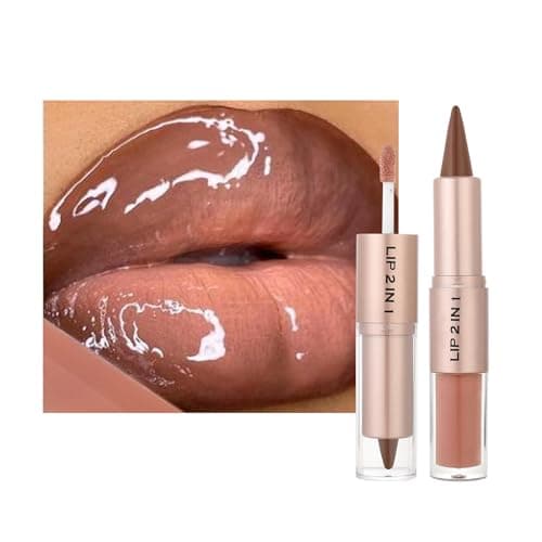 Image of 2-in-1 Double-Ended Brown Lip Liner & Lip Gloss Set, Plumping Lipliner Lipstick, Long-Lasting, High-Pigment Smooth Lip Liner Moisturizing Lipgloss Set for Nude Ombre Effect Look