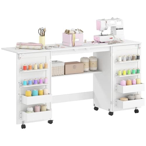 Image of HOMCOM Folding Sewing Table with 2 Magnetic Doors, Rolling Craft Table with 4 Bins, 20 Pegs, Storage Shelf, Lockable Wheels, Space Saving Drop Leaf Sewing Machine Table for Small Spaces, White