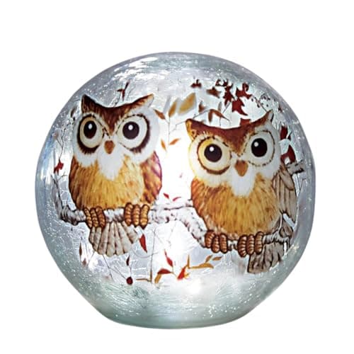 Image of Coopers of Stortford - LED Crackle Glass Owl Lamp with 6 Hour Timer - Battery Operated Decorative Light Globe - Stained Glass Style Ornament for Owl Lovers