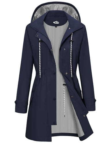 Image of CMTOP Waterproof Jackets Women Windproof Hooded Coat Functional Outdoor Raincoat Casual Lightweight Windbreaker with Pockets Autumn Winter Jacket for Hiking Cycling(Navy Blue, M)