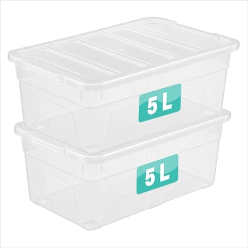Image of Optimal Products 2 x 5 Litre Clear Plastic Storage Boxes With Lids Set of 2, Transparent Multipurpose Nestable Stackable Plastic Box With Lid Containers For Home, Kitchen, Garage, Office, Accessories