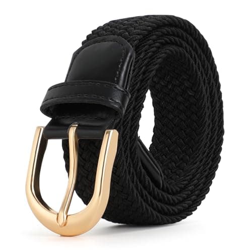 Image of JASGOOD Braided Canvas Stretch Belt Elastic Casual Belt for Men Women with Gold Buckle,Junior 1.3 Inch Wide,Black