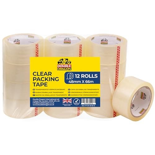 Image of Double Dragon Clear Packaging Tape – Heavy-Duty, 48mm wide x 66m long (12 Rolls) | Strong Adhesive Cellotape Sellotape for Boxes, Parcels, Moving & Long-Term Storage | Transparent Sealing Tape