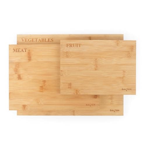 Image of Salter Wooden Chopping Board Set - 3 Piece Cutting Board Set, Index Boards For Meat, Fruit, Vegetables, Protect Kitchen Worktop Surface, Rustic Design For Grazing/Food Preparation, Charcuterie, Bamboo