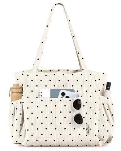 Image of Miss Adola Corduroy Cute Tote Bag for Women - Large Capacity Multi-Pocket Shoulder Bag with Zipper for Work, Travel, and Shopping, Polka Dot