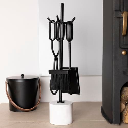 Image of Charles Bentley Snug Birch Fireside Companion Set with Stand Poker Shovel Brush Tongs Tool Stand Iron Matte Black Finish