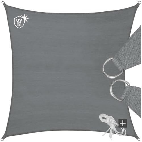 Image of tectake® Sun Shade Sail with 50+ UV Protection, Square Awning with Durable & Breathable Polyethylene Fabric, Easy Setup, Ideal as Pool, Patio, Balcony & Garden Canopy - 3.6 x 3.6 m, Grey