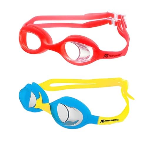 Image of A3 Flex Youth Swim Goggles 3-10 | Leak-Free & Comfortable Kids Swim Goggles | Easy Adjust Split Head Straps | UV Protection, Anti-Fog for Clear Vision | Swimming Goggles for Kids | (Red/Aqua Yellow)