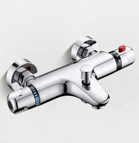 Image of Thermostatic Bath Shower Mixer Tap Wall Mounted 150mm Exposed Thermostatic Shower Mixer Taps, Bath Taps with Bathtub Filler Spout, Brass, Safety 38°C Anti-Scald, Modern Chrome