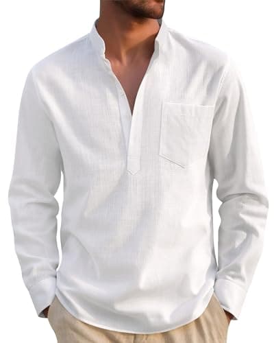 Image of J.VER White Linen Shirts Men Long Sleeve Regular Fit Casual Summer Beach Cotton Henley Shirt with Pocket L
