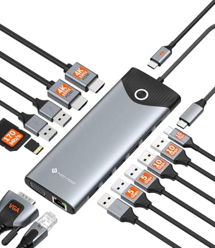 Image of NOVOO USB C Docking Station 15 in 1 USB Dock External Screen On/Off Button, 2 HDMI 4K@60Hz, USB-C/A 10Gbps, VGA, SD/TF Reader, RJ 45 Ethernet, 100W PD, Laptop Docking Station for MacBook/Dell/HP
