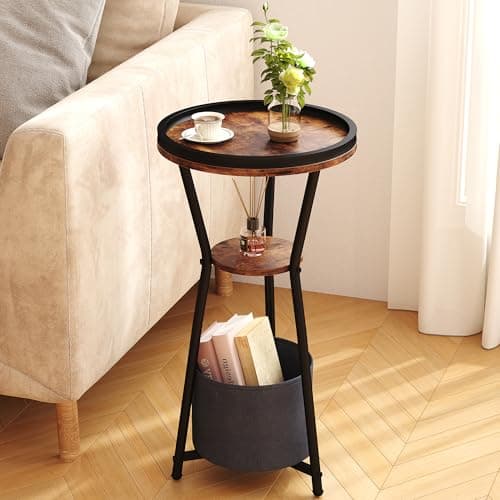 Image of Yusong Round Side Table, Small Drink Table for Small Spaces, 3-Tier Industrial End Table, Accent Nightstand Bedside Table for Living Room, Bedroom, Sofa Couch, Rustic Brown