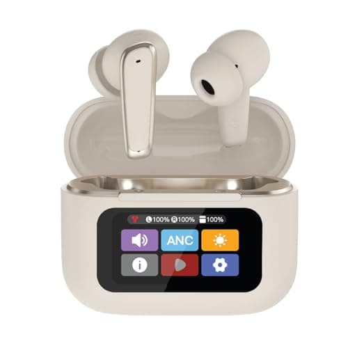Image of groov e Neo Buds True Wireless Earbuds - Sand - with Active Noise Cancelling and Smart Display, Screen, Clear Calls, Touch Control, 22 Hours of Playback