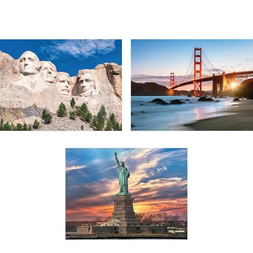 Image of Bits and Pieces 3 Puzzle Set of 500 Piece Jigsaw Puzzles for Adults, United States Landmarks Mt. Rushmore, Statue of Liberty, Golden Gate Bridge - Puzzle Size: 18" x 24"