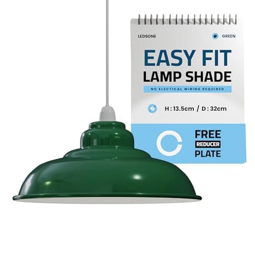 Image of Industrial Green Lampshade Metal 32cm Easy Fit with Reducer Plate Modern Hanging Pendant Light Shade for Bedroom, Hallway, Office, Kitchen, Dining Room, Cafe, Bar, Restaurtant