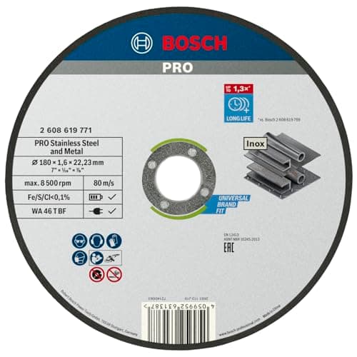 Image of Bosch 1x PRO Stainess Steel and Metal Longlife Thin Cutting Disc for Large Angle Grinder and Bore 22.23 mm (for Steel, Stainless steel, Ø 180 mm, Professional Accessory Large Angle Grinder)