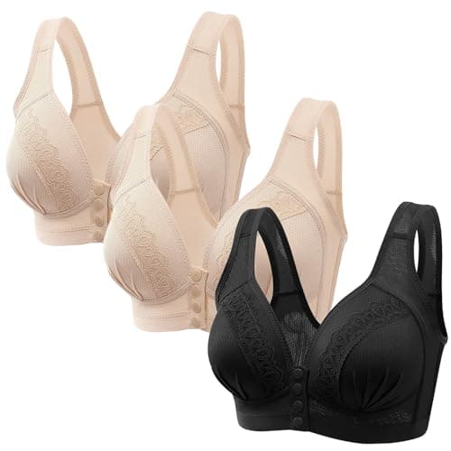 Image of Keepink 3PC Front Fastening Bras for Women UK Wirefree Underwear Comfort Mastectomy Bras Non Wired Post Surgery Top Sleep Everyday Full Coverage Bralettes Plus Size 8-18 Sale
