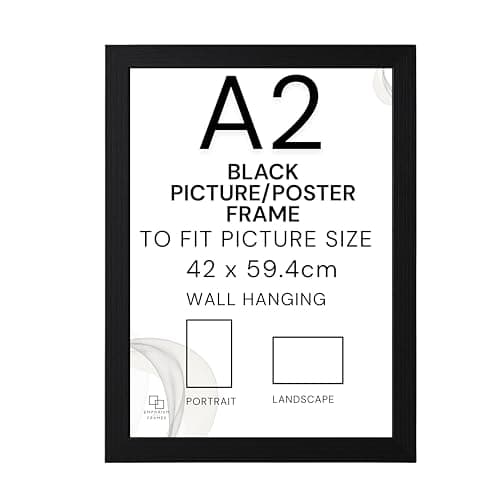Image of EMPORIUM RETAIL FRAMES Black A2 Picture Frame - A2 Black Photo Frame Wood, Styrene Acrylic Glass, MDF Back & Hooks - Portrait or Landscape - Ideal for Gallery Wall Decorations - 42x59.4cm