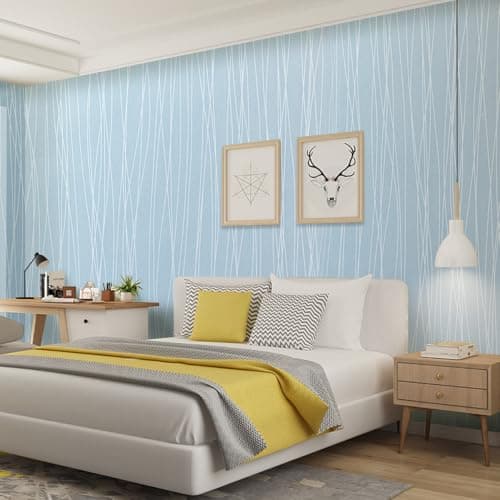 Image of Trafagala 53 * 950cm Light Blue Modern Minimalist Non-Woven 3D Wallpaper Roll Glitter Metallic Stripe Textured Sky Blue Flocking Striped Wallcoverings for Bedroom Living Room TV Backdrop Hallway Hall