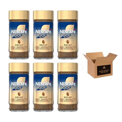 Image of Nescafe Gold Blend Decaf Instant Coffee – Smooth Rich Aroma with Golden Roasted Arabica Beans | Premium Decaffeinated, Low Caffeine Drink | Responsibly Sourced | (Gold Blend Decaf-95g-Pack 6)