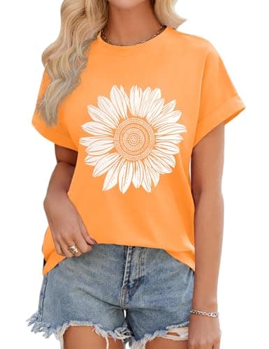 Image of Xnova Women's Oversized T-Shirts Daisy Graphic Summer Short Sleeve Breton Tops Crew Neck Ladies Casual Basic Tee Shirts, Orange Daisy, M