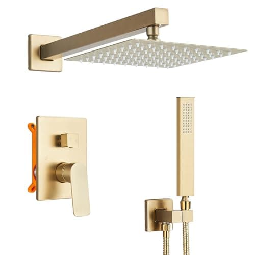 Image of Concealed Shower System Wall Mounted, 2-Function Shower System with 8 Inch Square Rainfall Shower Head and Handheld Shower,Brushed Gold (20x20 cm)