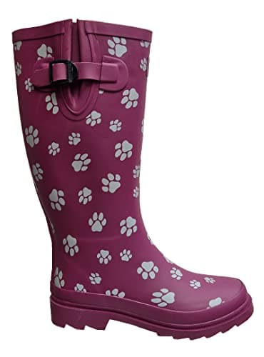 Image of Womens Ladies Wellies Rubber Rain Boots Wellingtons Short & Tall Dog Paw Skull Festival Snow Buckle Adjustable (Plum Tall Dog Paw, UK Footwear Size System, Adult, Women, Numeric, Medium, 4)