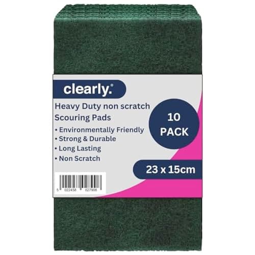 Image of Clearly Scouring Pads, Pack of 10 Cleaning Pads, Heavy Duty Kitchen Scourers, Non Scratch Scourers, Long Lasting Green Scouring Pads, Hygienic Dish Scrubber, Environmentally Friendly Scourer