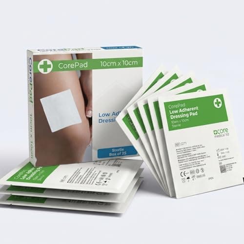 Image of Protective Low Adherent Pads (Pack of 25, 10cm x 10cm) Core Medical - Sterile & Highly Absorbent Wound Dressings to Protect and Promote Healing