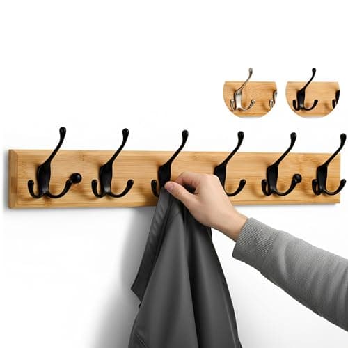 Image of LARHN Wooden Coat Hooks - Wall Mounted Coat Rack - 6 Triple Black Coat Hooks for Wall on Bamboo - 59 cm - All Fixings Included for Quick & Easy Installation