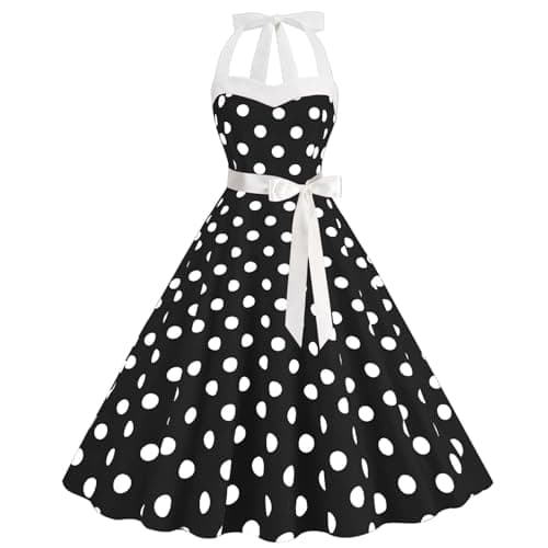 Image of HAPNBCELE Vintage Dress 1950s for Women, Tea Party Halter Polka Dot Dresses Picnics Summer Vacation Beach Outfits Slim Fit (Medium, Black)