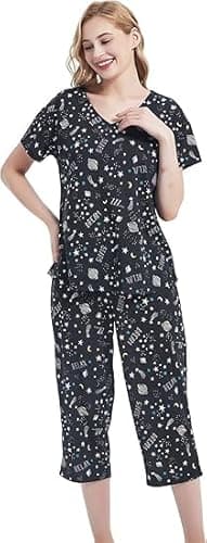 Image of CHUNG Women Cotton Blend Pyjamas Set Short Sleeve Top Capri Pants Plus Size S-3XL Sleepwear Nighties,Capri Galaxy,2XL