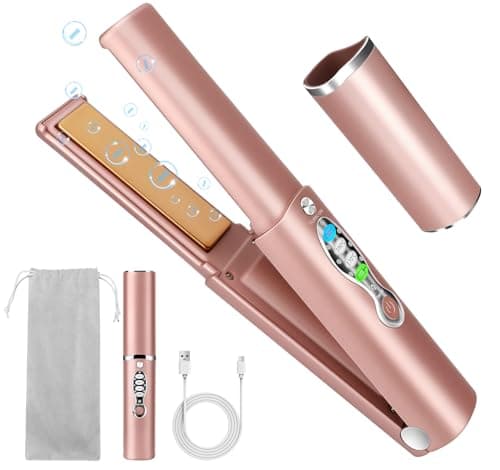 Image of Cordless Titanium Hair Straightener and Curler w Cover, Portable USB Rechargeable Fast Heat Up Flat Iron Travel Size with 5V/5000mAh Battery, Anti-Scald 3-Level for Smooth, Swift and Glossy Hair(Pink