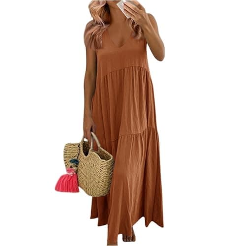 Image of Summer Dresses for Women UK Bohemian Smocked Tiered Long Beach Sun Dresses Sleeveless Solid Maxi Dress Ladies Floral Swing Dress with Spaghetti Straps Plus Size Orange XXL