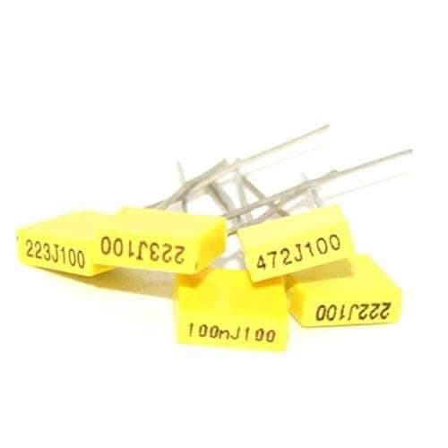 Image of E-Projects 224J100 Correction Capacitor, 5mm Polypropylene Safety Plastic Film Capacitor, 220nF, 100V (Pack of 10)