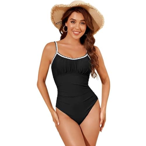 Image of Sillictor Swimming Costume Women Tummy Control One Piece Swimsuit Ruched Low Back Padded Modest Swimwear Cute Ladies Slimming Swim Suits for Bathing Surfing, Breathable Quick Dry 5040 Black S