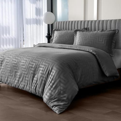 Image of Velosso Sateen Touch Double Duvet Cover Set, Greek Style Scroll Design, Hotel Quality 3 Piece Bedding Set with 2 Oxford Pillowcases, Button Closure (Charcoal, Double)