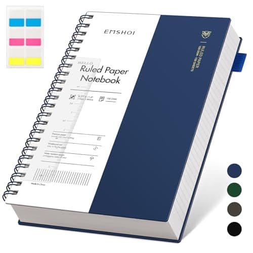 Image of EMSHOI A4 Notebook College Ruled, Spiral Notepad 150 Sheets/300 Pages, 100gsm, PVC Cover, Sticky Notes, Pocket, Pen Loop, Ruler, Bookmark, Lined Journal for Women Men Writing, 21.5x27.9cm, Blue