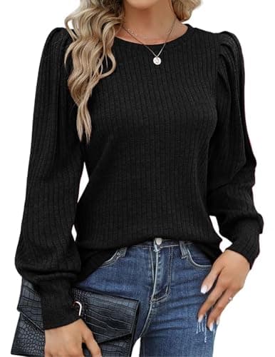 Image of HOTOUCH Women Long Sleeve Tops Round Neck Lightweight Jumper Autumn Puff Sleeve Sweatshirts Black S