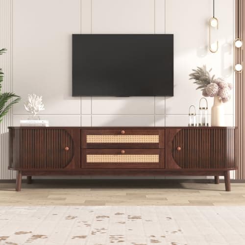 Image of Merax TV Unit with Rattan Drawers, Natural Walnut Color TV Stand Cabinet, Sliding Door TV Table with Solid Wood Construction, 170x46x39.5cm, Rustic Country Style