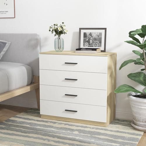 Image of URBNLIVING 4 Or 5 Drawer Wooden Bedroom Chest Cabinet (4 Drawers, Oak Carcass + White Drawers)