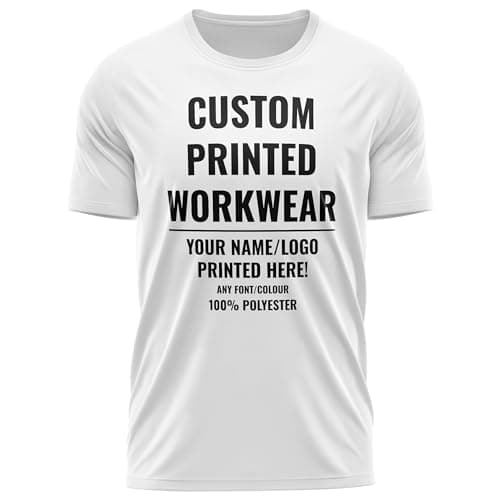 Image of Custom Work T Shirt Mens Polyester Printed Summer Cool Outdoor Company Business Your Logo Text Breathable Quick Drying Uniform Tee for Business Trades Teams, M, White